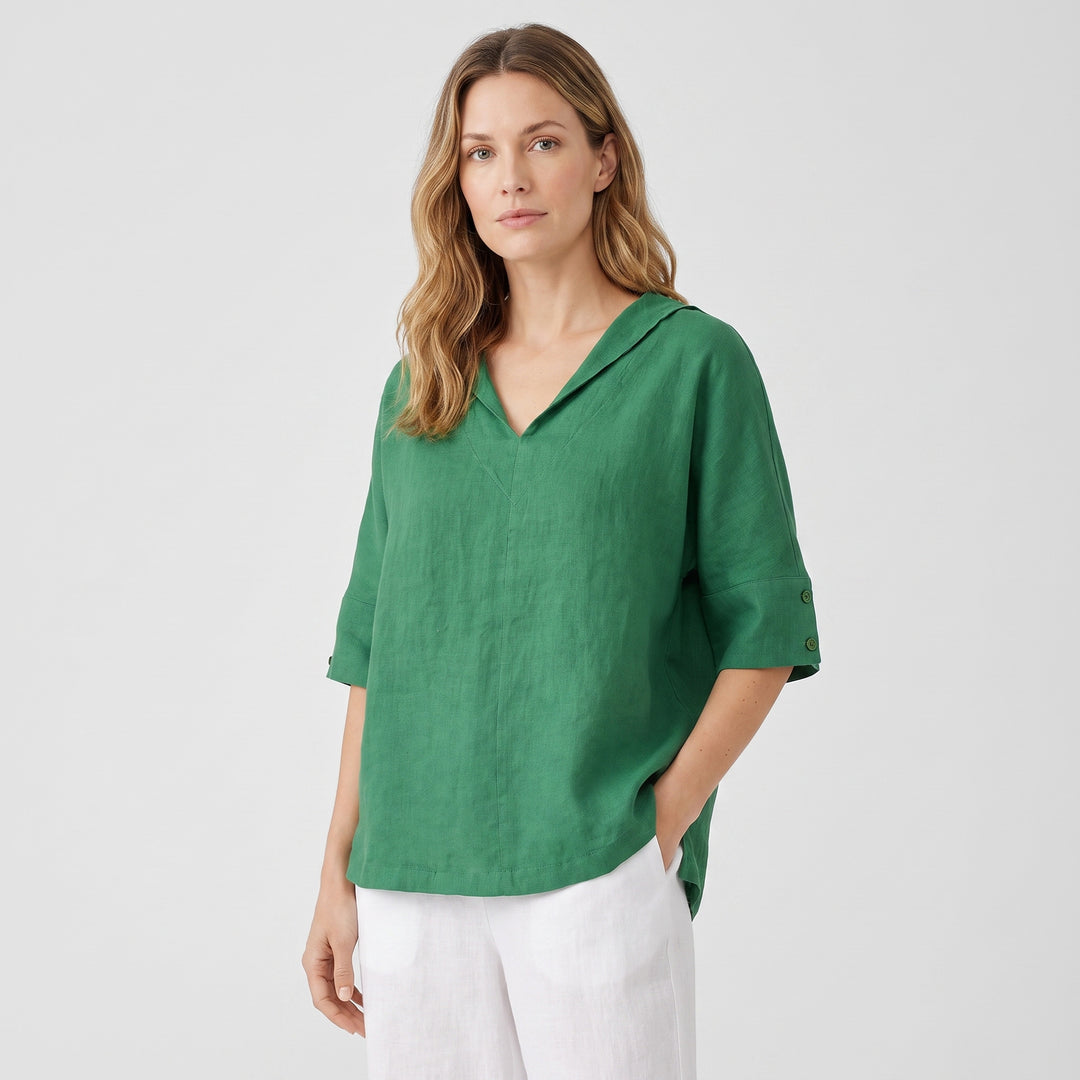 Lena | Women’s Collared Tunic Blouse with Button-Tab Sleeves