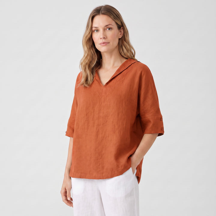 Lena | Women’s Collared Tunic Blouse with Button-Tab Sleeves