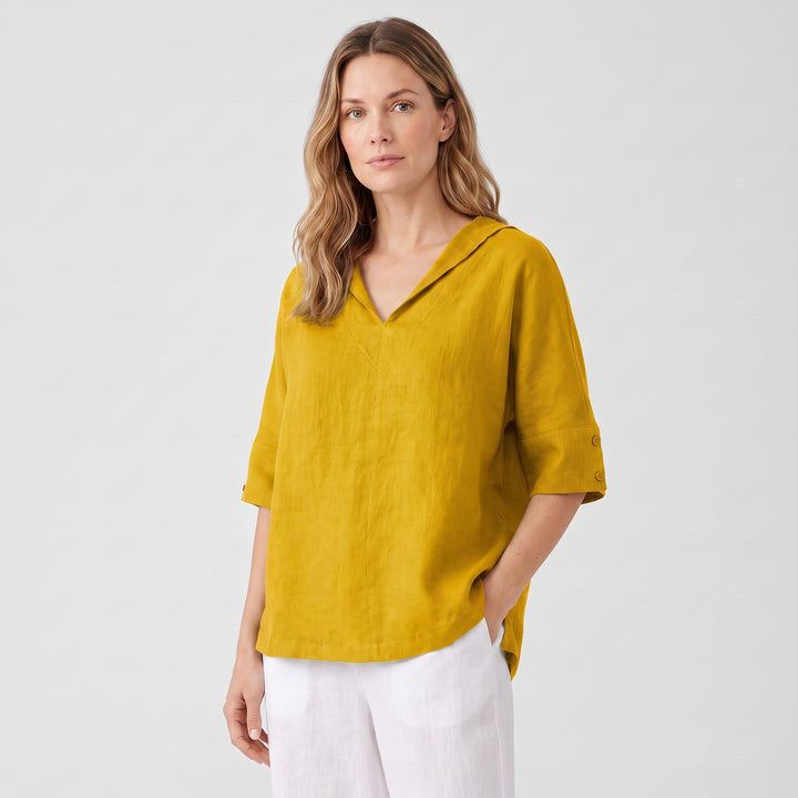 Lena | Women’s Collared Tunic Blouse with Button-Tab Sleeves