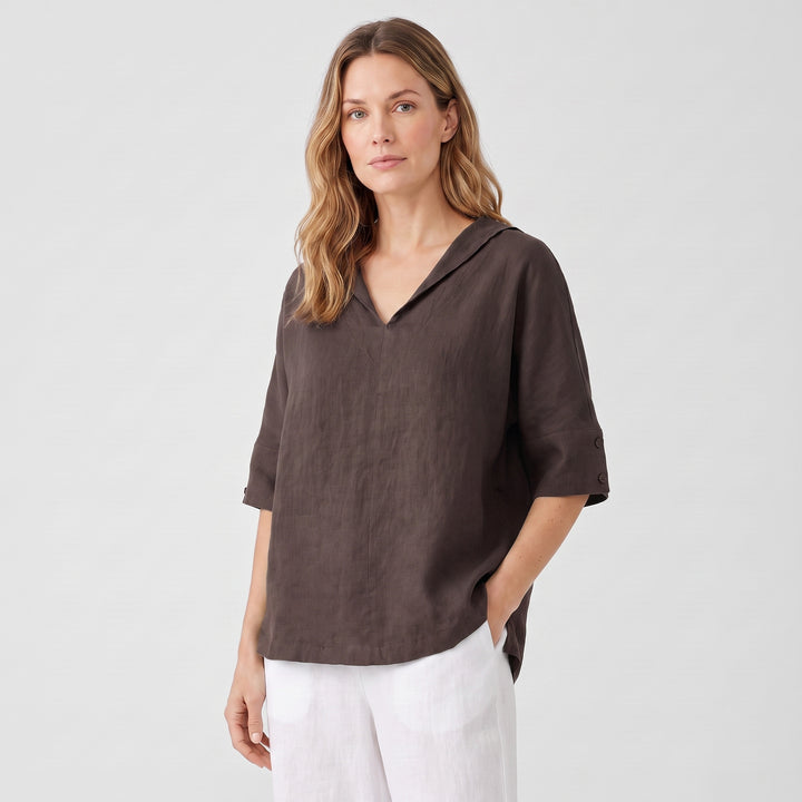 Lena | Women’s Collared Tunic Blouse with Button-Tab Sleeves