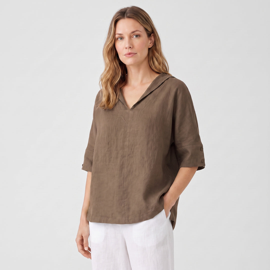 Lena | Women’s Collared Tunic Blouse with Button-Tab Sleeves