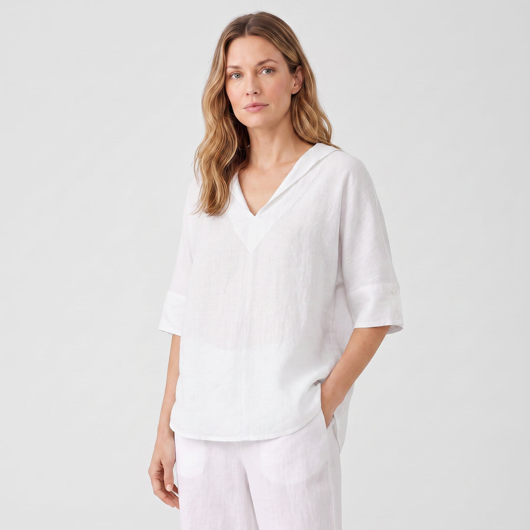 Lena | Women’s Collared Tunic Blouse with Button-Tab Sleeves
