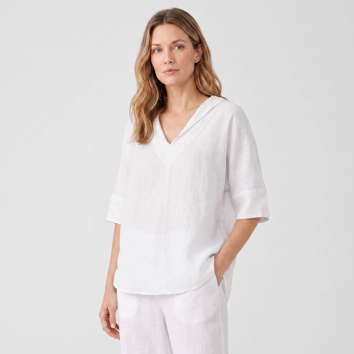 Lena | Women’s Collared Tunic Blouse with Button-Tab Sleeves