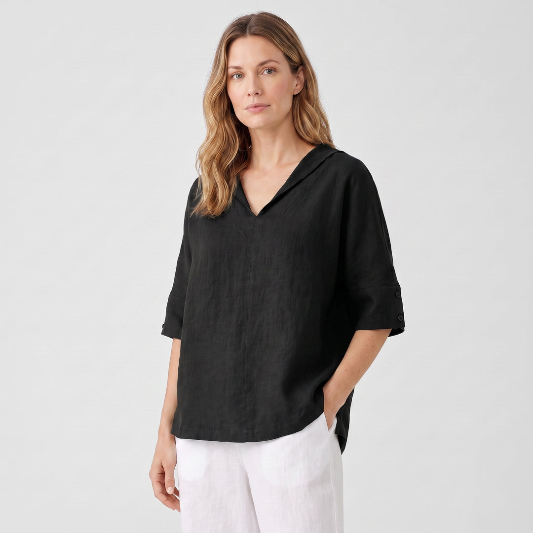 Lena | Women’s Collared Tunic Blouse with Button-Tab Sleeves