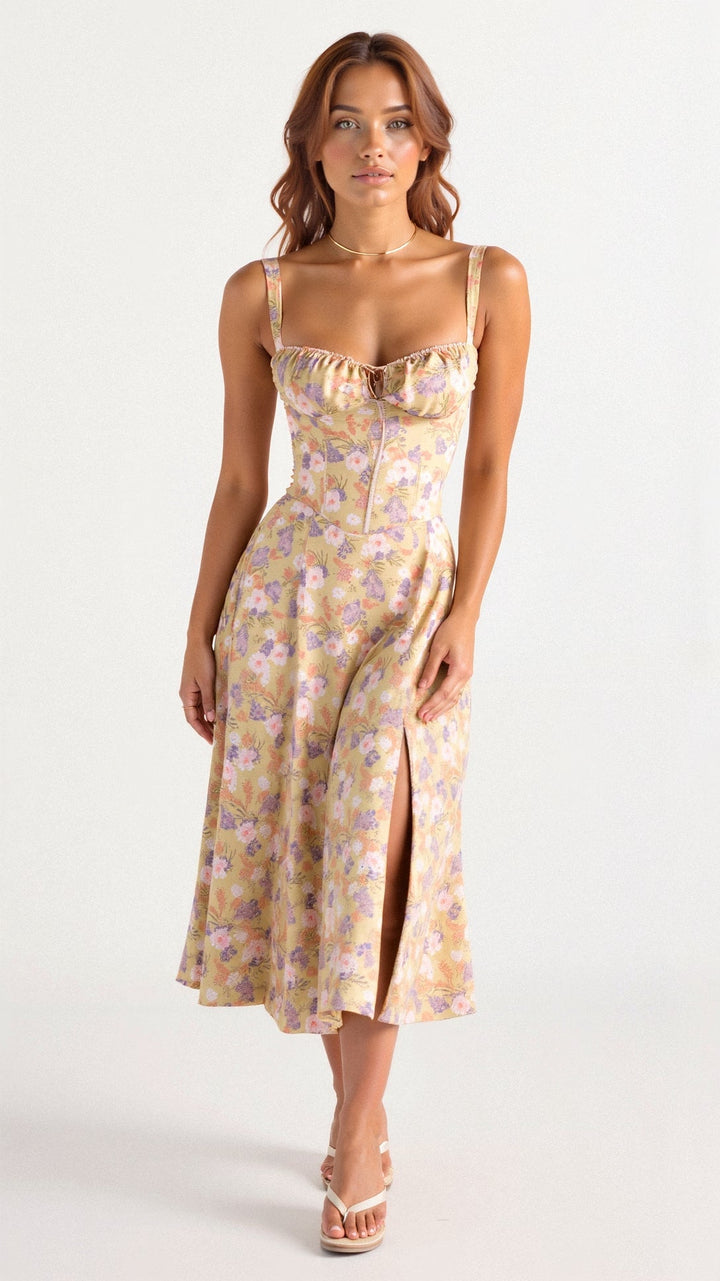 Rosalie | Women’s Floral Midi Dress with Ruched Bust