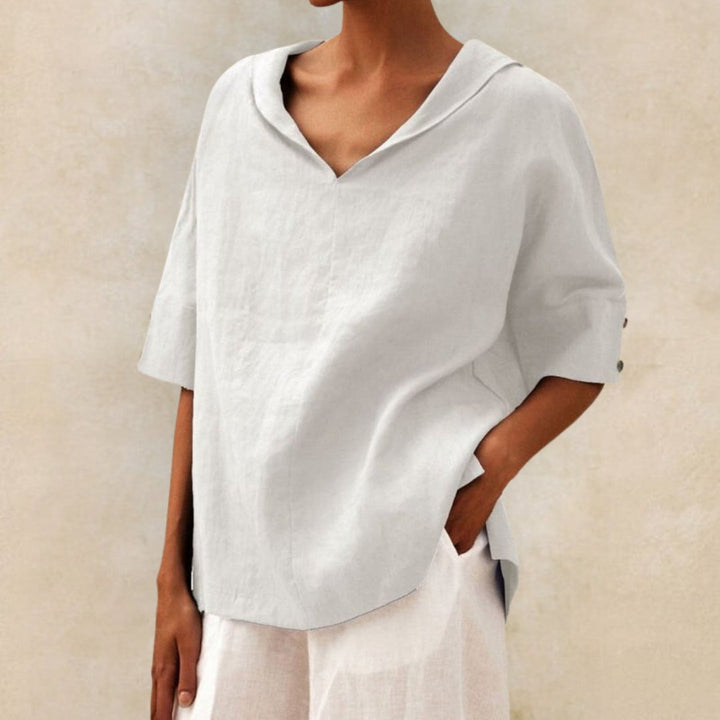 Lena | Women’s Collared Tunic Blouse with Button-Tab Sleeves