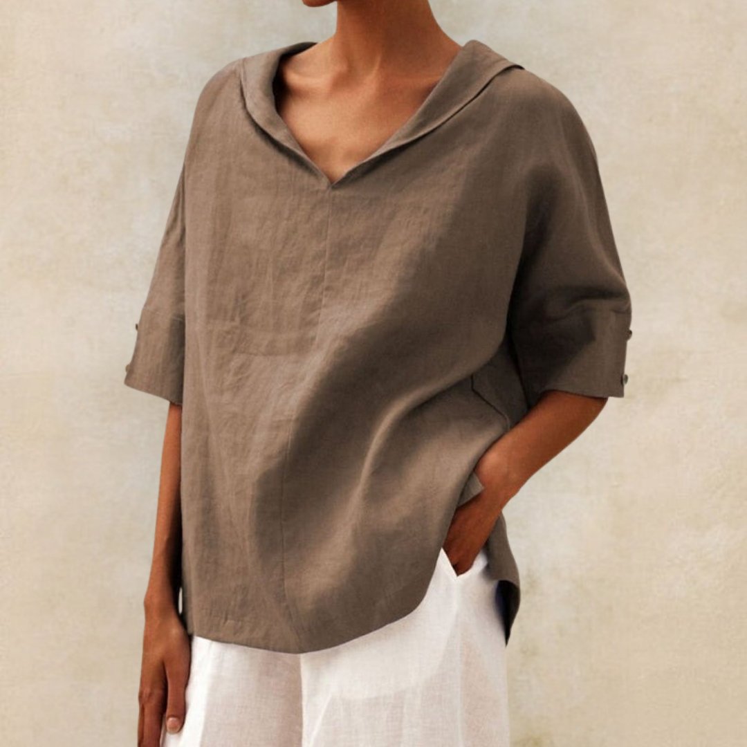 Lena | Women’s Collared Tunic Blouse with Button-Tab Sleeves