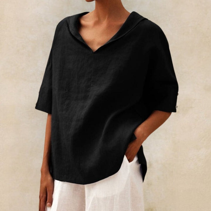Lena | Women’s Collared Tunic Blouse with Button-Tab Sleeves