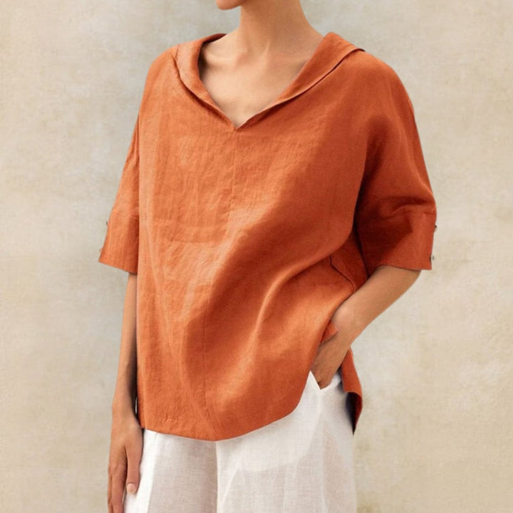 Lena | Women’s Collared Tunic Blouse with Button-Tab Sleeves