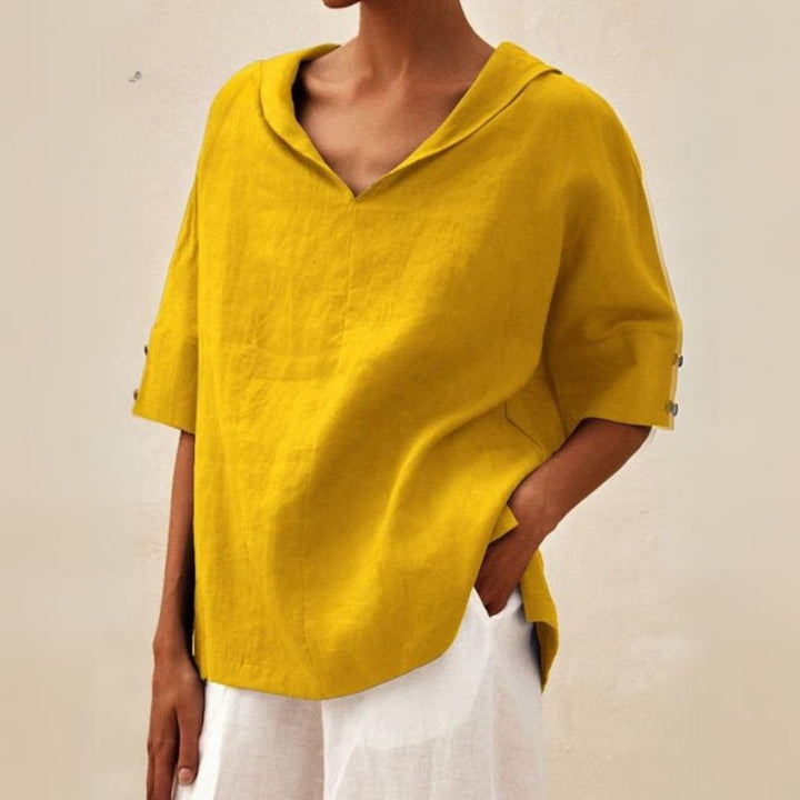 Lena | Women’s Collared Tunic Blouse with Button-Tab Sleeves