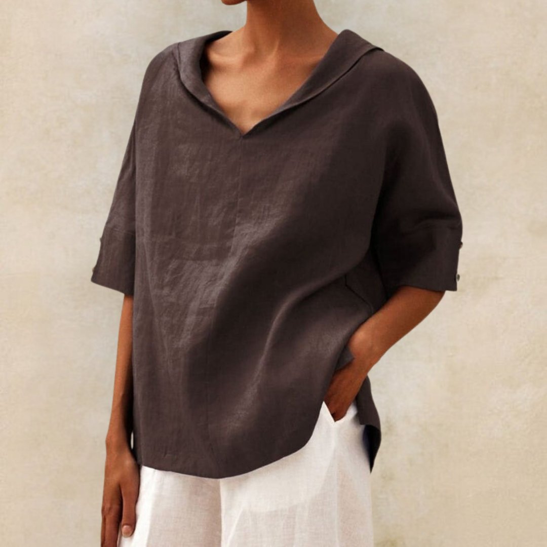 Lena | Women’s Collared Tunic Blouse with Button-Tab Sleeves