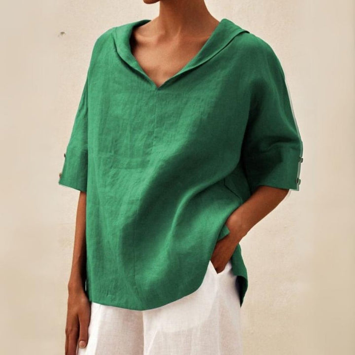 Lena | Women’s Collared Tunic Blouse with Button-Tab Sleeves